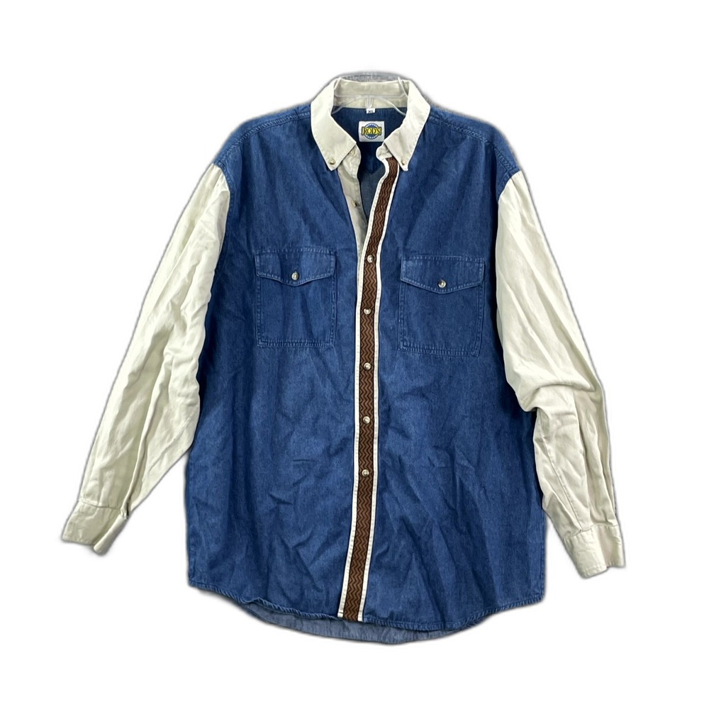 Vintage Rod's Western Denim Shirt Mens XL Geometric Placket Colorblock Rancher